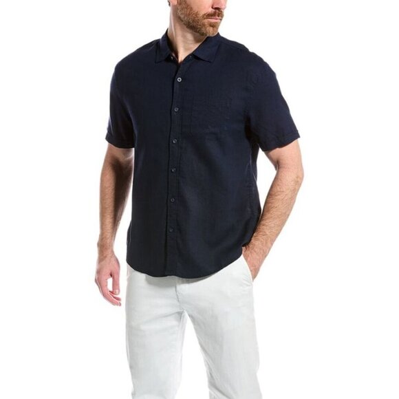 NWOT.Magaschoni Mens Linen Blend Woven Button Down Shirt Navy Blue Size Medium - Picture 1 of 11